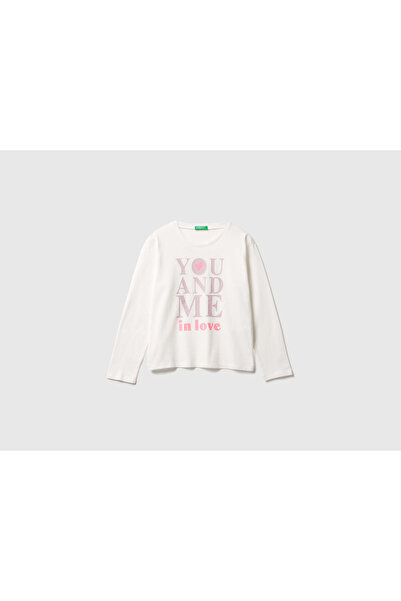 United Colors of Benetton Детска блуза с дълъг ръкав, релефен деколте и принт...