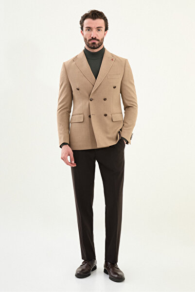 Mcr Straight Slim Fit Wide Collar Double Breasted Metal Button Men's Jacket Beige - 41479.25K