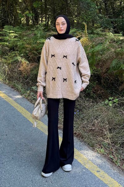 lamelif Πλεκτό πουλόβερ με κορδέλα Μπεζ