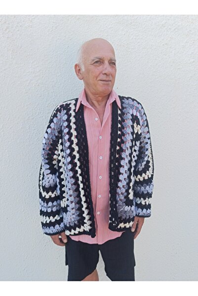 Hippybutik Siyah Beyaz Tığ Dokuma Uzun Astarsız Mevsimlik Kışlık Hırka