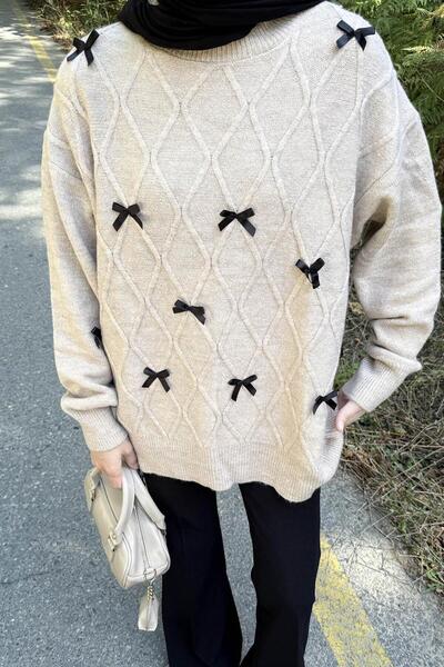 lamelif Πλεκτό πουλόβερ με κορδέλα Μπεζ