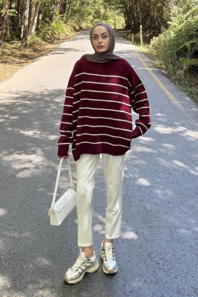 lamelif Πλεκτό πουλόβερ με ρίγες Βουργουνδίας