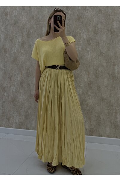 RAVİ Yellow Side Zipper Pleated Long Skirt