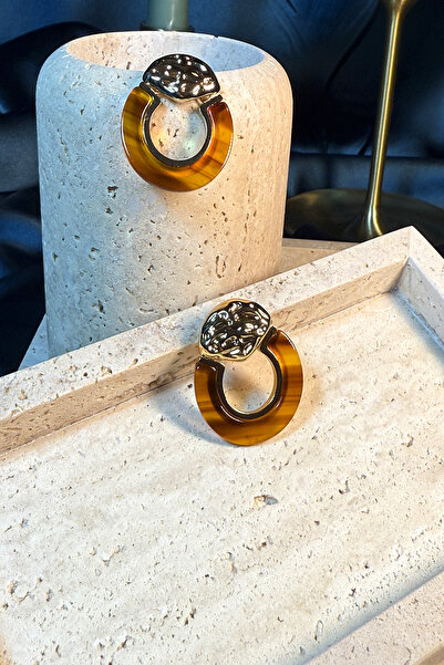 MOONİ ACCESSORİES French Ring Model Luxury Edition Gold Gold Color Brown Detail Women's Earrings