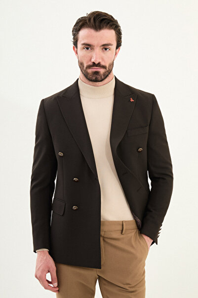 Mcr Straight Slim Fit Wide Collar Double Breasted Metal Button Men's Jacket Brown - 41479.25K
