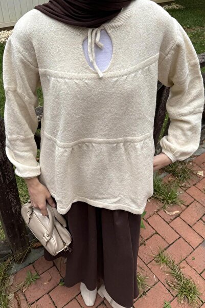 lamelif Πλεκτό πουλόβερ με κορδόνια στο λαιμό Natural