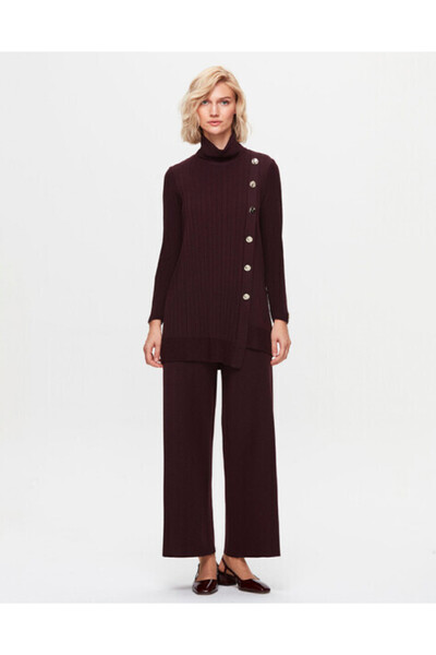 MISS DALIDA T25K-6014 Kalın Fitilli Dik Yaka Triko Tunik TROTA-OUBERGİNE