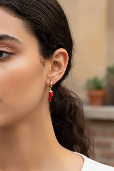 Utku Kuyumculuk 14 AYAR ÖZEL TASARIM KIRMIZI BİBER KÜPE