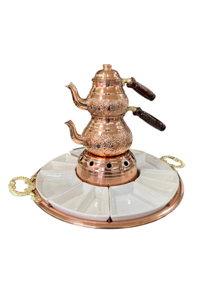 AiroBazar طقم إبريق شاي نحاسي وصينية تقديم الإفطار، صناعة يدوية بنمط عثماني، طقم تقديم إفطار أنيق