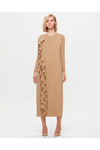 MISS DALIDA T25K-4010 Önü Fırfırlı Triko Elbise 1380-CAMEL