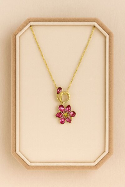 ESYURA ACCESSORIES Çelik Kolye - Pembe Çiçek Zirkon Taşlı Gold Paslanmaz Çelik