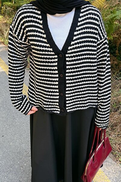 lamelif Λεπτή ριγέ ζακέτα πλεκτό μαύρο