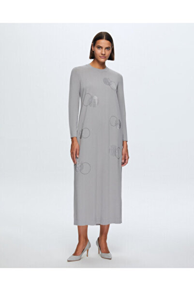 MISS DALIDA T24K-4011 Yuvarlak Yaka Taş Detaylı Elbise 1179-GREY