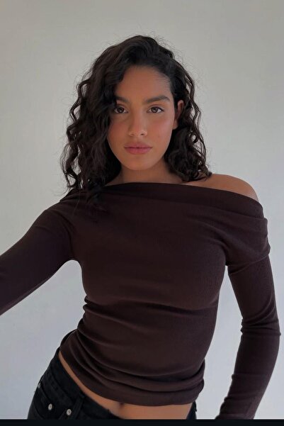 ELBA STİL Brown Women's Off Shoulder Long Sleeve Blouse