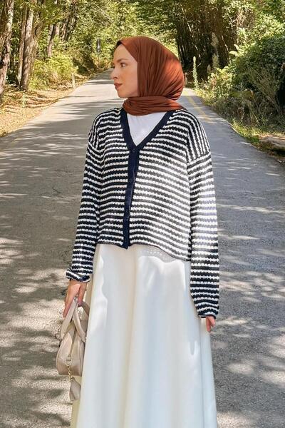 lamelif Λεπτή ριγέ ζακέτα πλεκτή σε μπλε ναυτικό