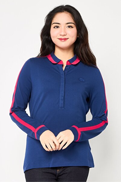 Lacoste Women Spread Collar Embroidered Logo Long Sleeves Polo Shirts, Navy