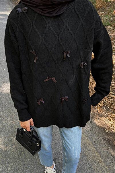 lamelif Πλεκτό πουλόβερ με κορδέλα Μαύρο