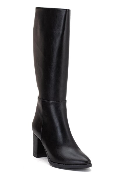 Dilimler Ayakkabı Women's Heeled Boots Black Faux Leather Pointed Toe
