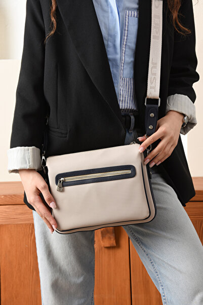 Just Polo Adjustable Long Strap Waterproof Lacoste Fabric Women's 6 Compartment Crossbody Shoulder Bag - Stone Navy