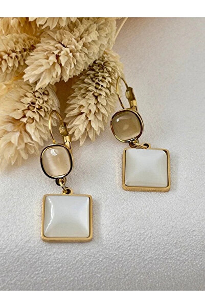Vitastyle Gold Color Stone Detailled Sedefed Vintage Steel Earrings 4 cm