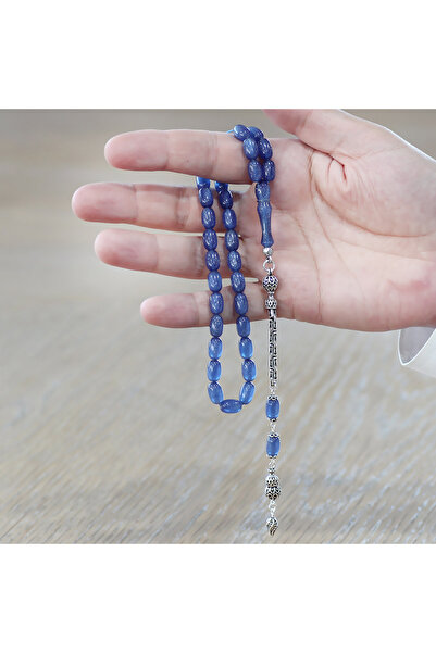 Tesbihane Ασημένιο 925, Αλυσίδα Βασιλιάς με Φούντες, Ειδική Κοπή, Μαργαριταρένιο Μπλε Κεχριμπάρι, Ροζάριο