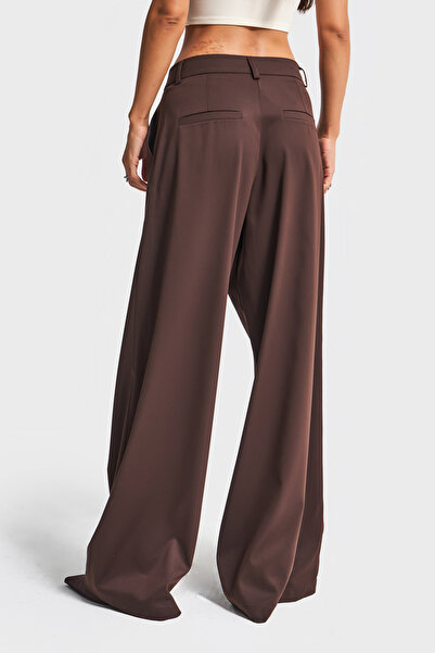 its basic Dámské hnědé kalhoty w5-16 Palazzo Fit z viskózové bavlněné tkaniny s detailem nařasení a pásku