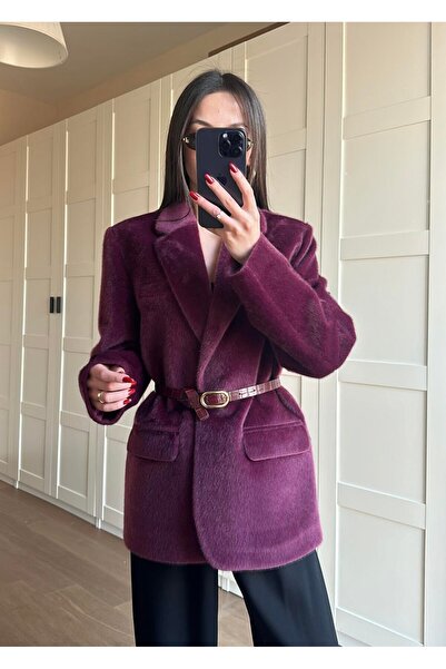 FMN Moda Blazer cu nasturi, cu design căptușit și texturat, cu blană de pluș, cu centură