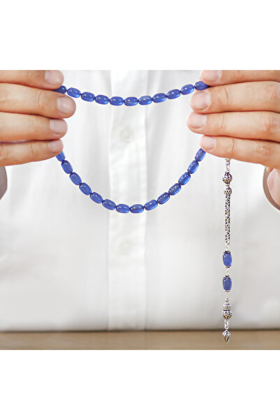 Tesbihane Ασημένιο 925, Αλυσίδα Βασιλιάς με Φούντες, Ειδική Κοπή, Μαργαριταρένιο Μπλε Κεχριμπάρι, Ροζάριο