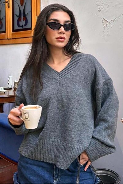 ELBA STİL سترة تريكو نسائية كبيرة الحجم بياقة على شكل حرف V من أنثراسايت