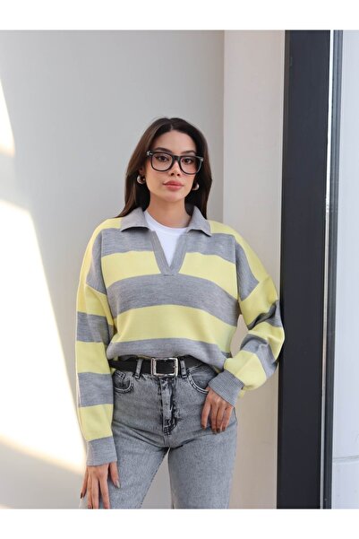 ESRAHELVACI Pulover cu dungi cu gât polo