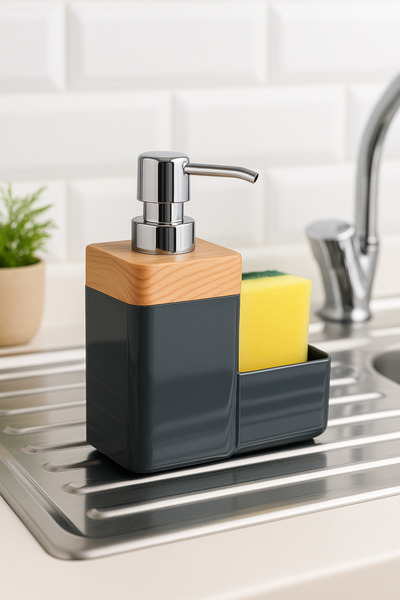 Nesto Home Wooden Look Liquid Soap Dispenser with Sponge Holder, Detergent Dispenser