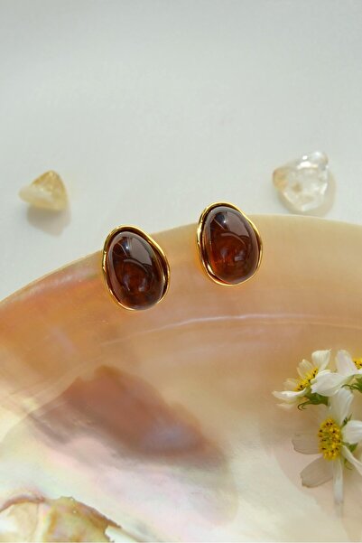 Sacce Scarves&Accessories Kehribar Kahverengi Damla Form Vintage Küpe – Gold Çelik