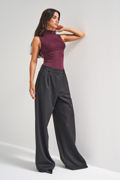 its basic Kadın Siyah Renk w5-1 Palazzo Fit Pile ve Kemer Detaylı Viskon Koton Kumaş Pantolon