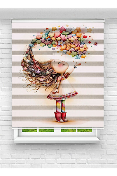 evana home Renkli Kız Figürlü Zebra Perde – Çocuk Odası İçin Neşeli ve Leke T...