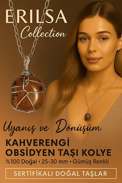 Erilsa قلادة من حجر الأوبسيديان البني ملفوفة بسلك فضي معتمد - حجر حماية وتحوي...