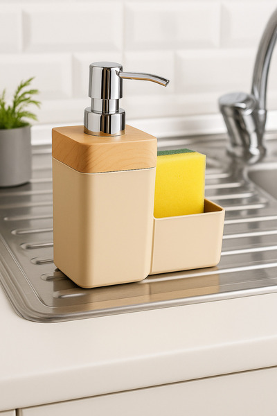 Nesto Home Wooden Look Liquid Soap Dispenser with Sponge Holder, Detergent Dispenser