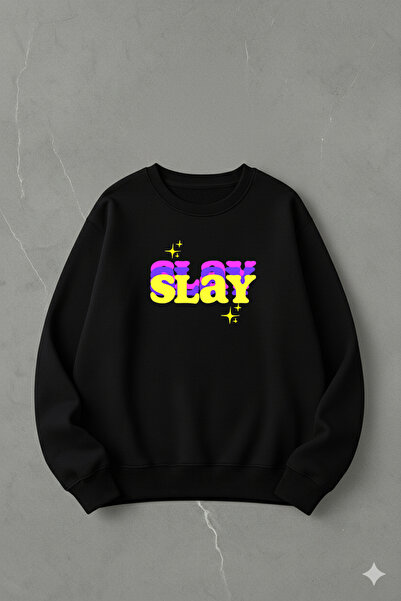 LORVEX سويت شيرت قطني كبير الحجم للجنسين برقبة دائرية – طباعة SLAY