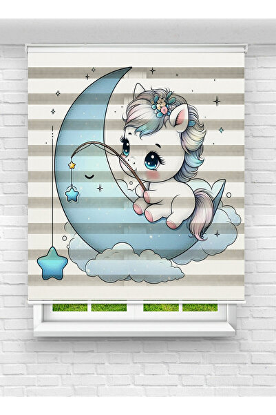 evana home Unicorn ve Ay Desenli Zebra Perde – Çocuk Odası İçin Masalsı Tasarım