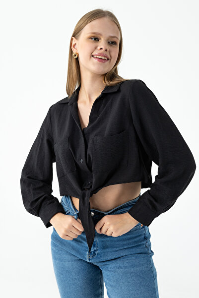 GİYSA Γυναικείο πουκάμισο με διπλή τσέπη με λεπτομέρεια με κορδόνια μαύρο - 2...