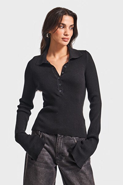 its basic Kadın Siyah Renk w5-1 Polo Yaka Viskon Esnek Kumaş Triko