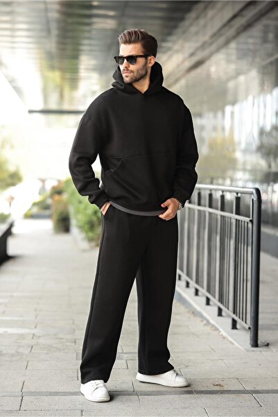 Madmext Black Hooded Kangaroo Pocket Men's Tracksuit Set E7338