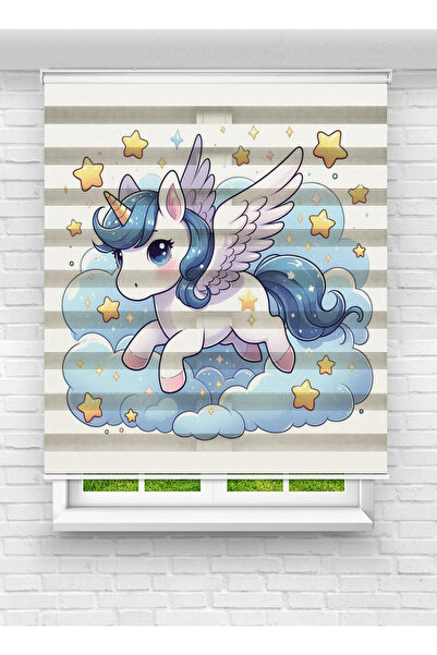 evana home Unicorn ve Yıldız Desenli Zebra Perde – Masalsı Kız Çocuk Odası Pe...