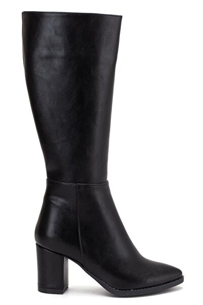Dilimler Ayakkabı Women's Heeled Boots Black Faux Leather Pointed Toe