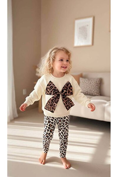 Pinkitokids 3D Leopard Patterned Sweathirt and Leggings Girl's Set