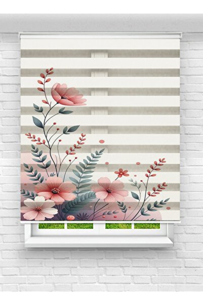 evana home Pembe Çiçek Desenli Zebra Perde – Zarif, Modern ve Leke Tutmaz Tas...