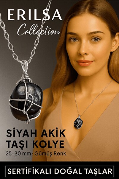 Erilsa Certified Silver Wire Wrapped Natural Black Agate Stone Pendant – 25-3...