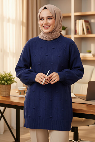 FERHEL Embossed Detailed Knee Striped Casual Soft Knit Sweater