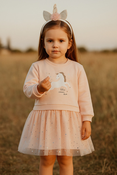 Eray Kids Kız Çocuk Tac Hediyeli Unıcorn Desenli Varak Baskılı Tüllü Sweatshirt Somon Elbise (3-4-5-6 Yaş)
