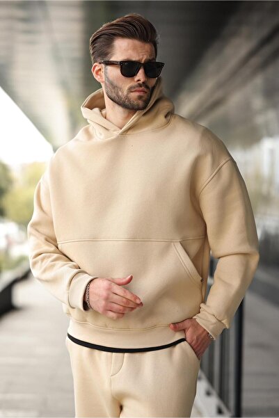 Madmext Bej Kapüşonlu Kanguru Cep Erkek Eşofman Takımı E7338