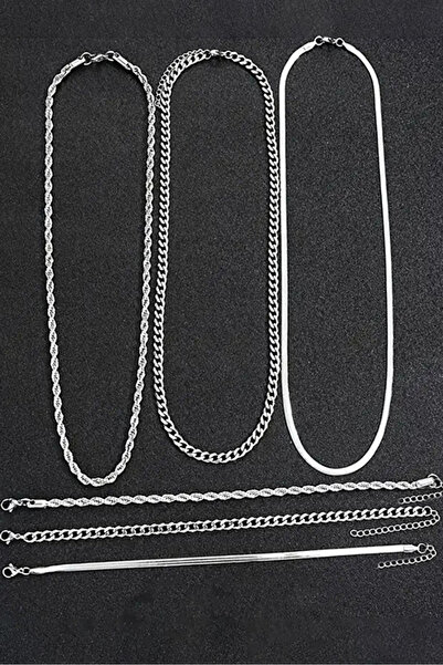 The Collection 6-Piece Stainless Steel Men's Necklace and Bracelet Set (3 Necklaces + 3 Bracelets)